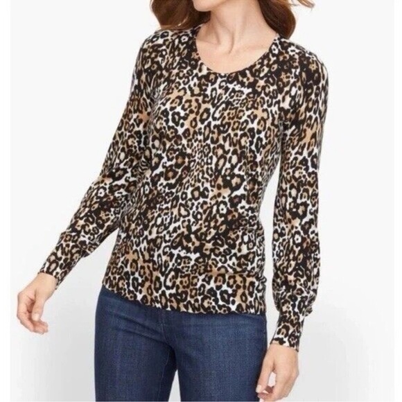 NWT Talbots Brown Leopard Print Merino Wool Cream Tan Sweater - Picture 1 of 9